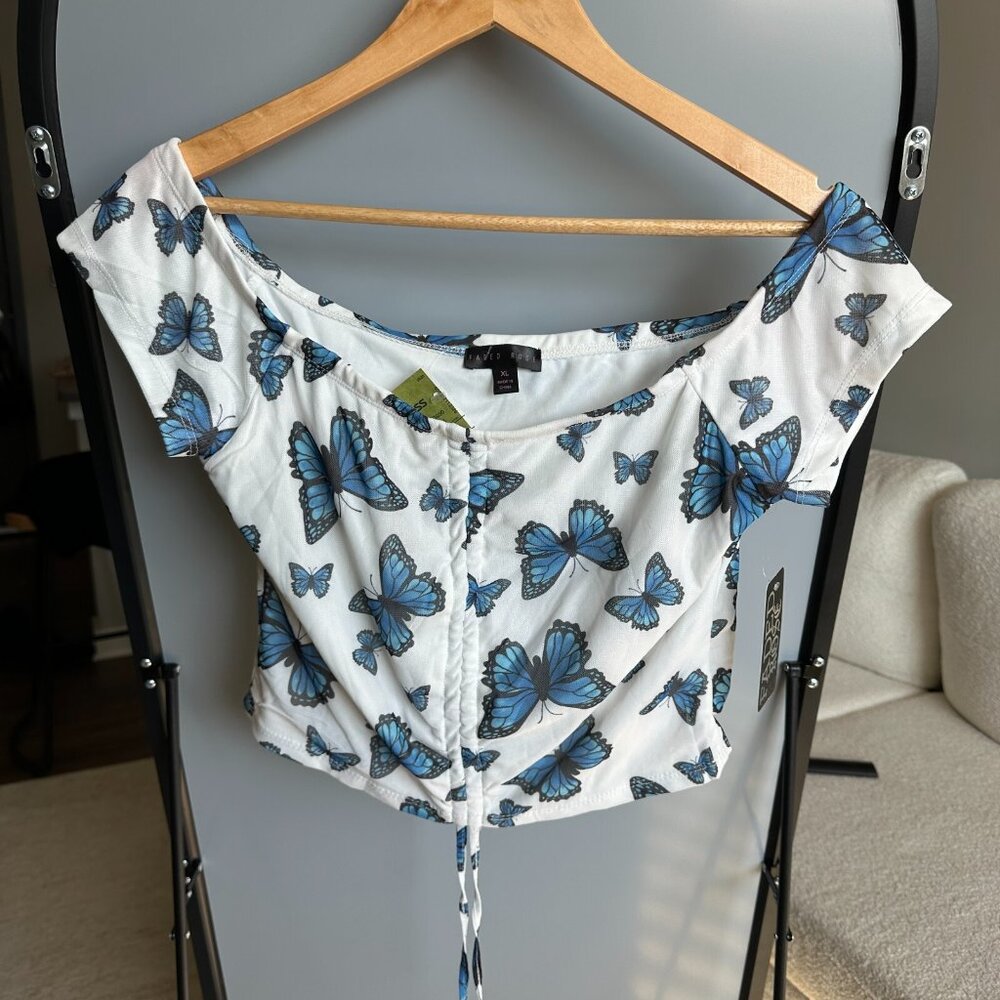 Faced Rose Women's White Crop Top with Blue‎ Butterfly Detail, Size XL